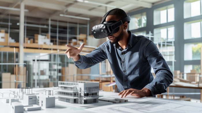 A professional architect wearing a VR headset is working on architectural models while gesturing with his hands, in an office environment