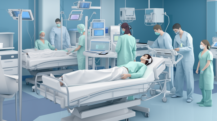 lukanyc. 3D image showing a group of college students inside an operating room