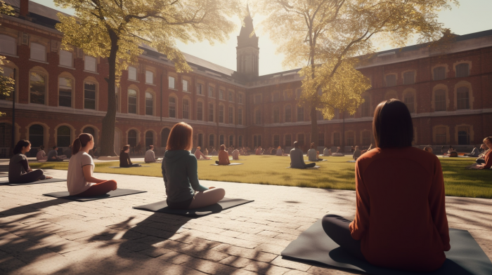 lukanyc. 3D image showing a group of college students meditating