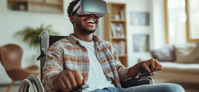 man in wheelchair using vr headset